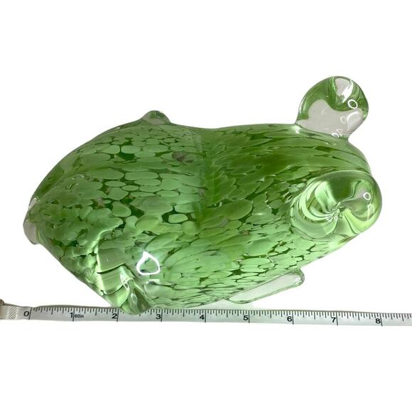 Hand Blown Glass Frog Paperweight Green and Clear Speckle Swirl Design - Picture 7 of 10